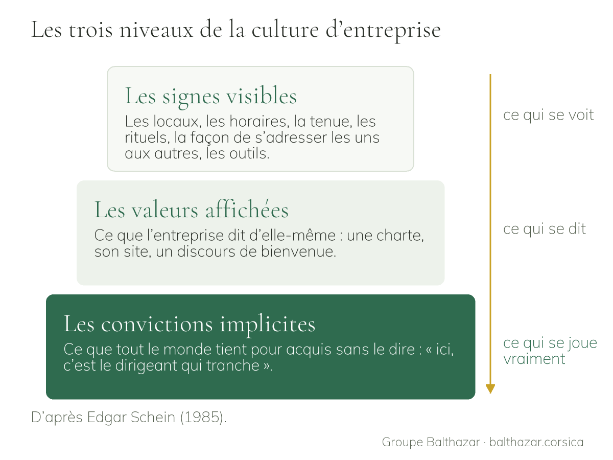 Trois niveaux empilés, du plus visible au plus profond : les signes visibles (locaux, horaires, tenue, rituels, outils), les valeurs affichées (charte, site, discours de bienvenue), et les convictions implicites, ce que tout le monde tient pour acquis sans le dire.
