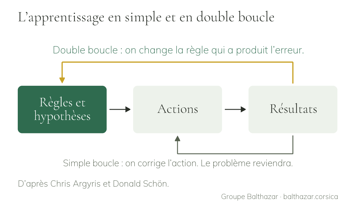 Les règles et hypothèses mènent aux actions, qui mènent aux résultats. En simple boucle, on revient des résultats aux actions : on corrige l’action. En double boucle, on revient des résultats aux règles : on change la règle qui a produit l’erreur.